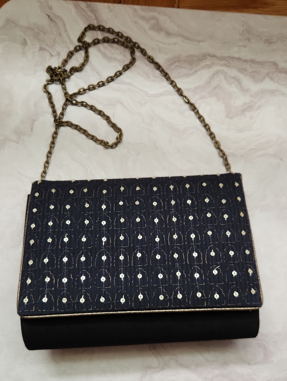 fabindia Black Sequin-Embellished Crossbody Bag with Gold Chain